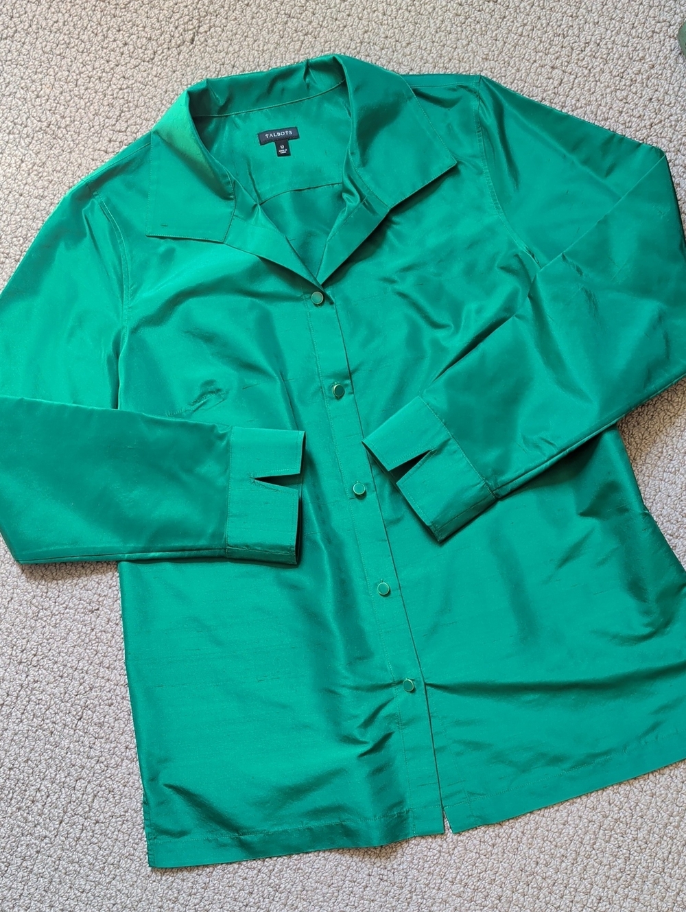 Vintage Talbots Silk Emerald Green Button-Front Tunic Blouse 12